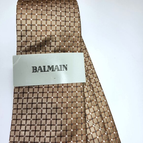 Balmain Necktie Men's Silk Tie 100% Silk Foulard Tie New Brown Grey & White Dots - Picture 4 of 8